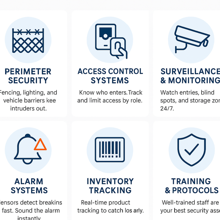 Infographic titled “Core Elements of a Secure Warehouse” showing six security components in a 3x2 grid layout. Each block includes an icon, heading, and short description: Perimeter Security (fence icon), Access Control Systems (fingerprint scanner icon), Surveillance & Monitoring (CCTV camera icon), Alarm Systems (siren icon), Inventory Tracking (barcode icon), and Training & Protocols (shield with checkmark icon). Blue and orange accents on a white background.